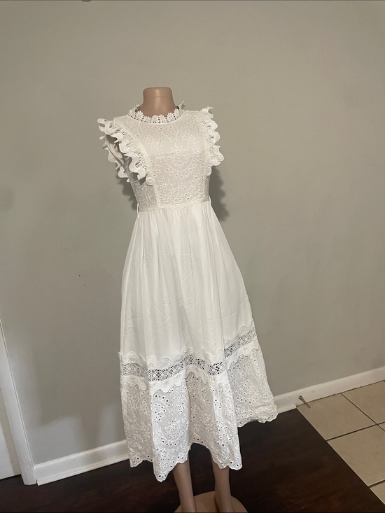 Dresses & Skirts - White Lace Eyelet Midi Dress - Feminine Ruffled Sleeves